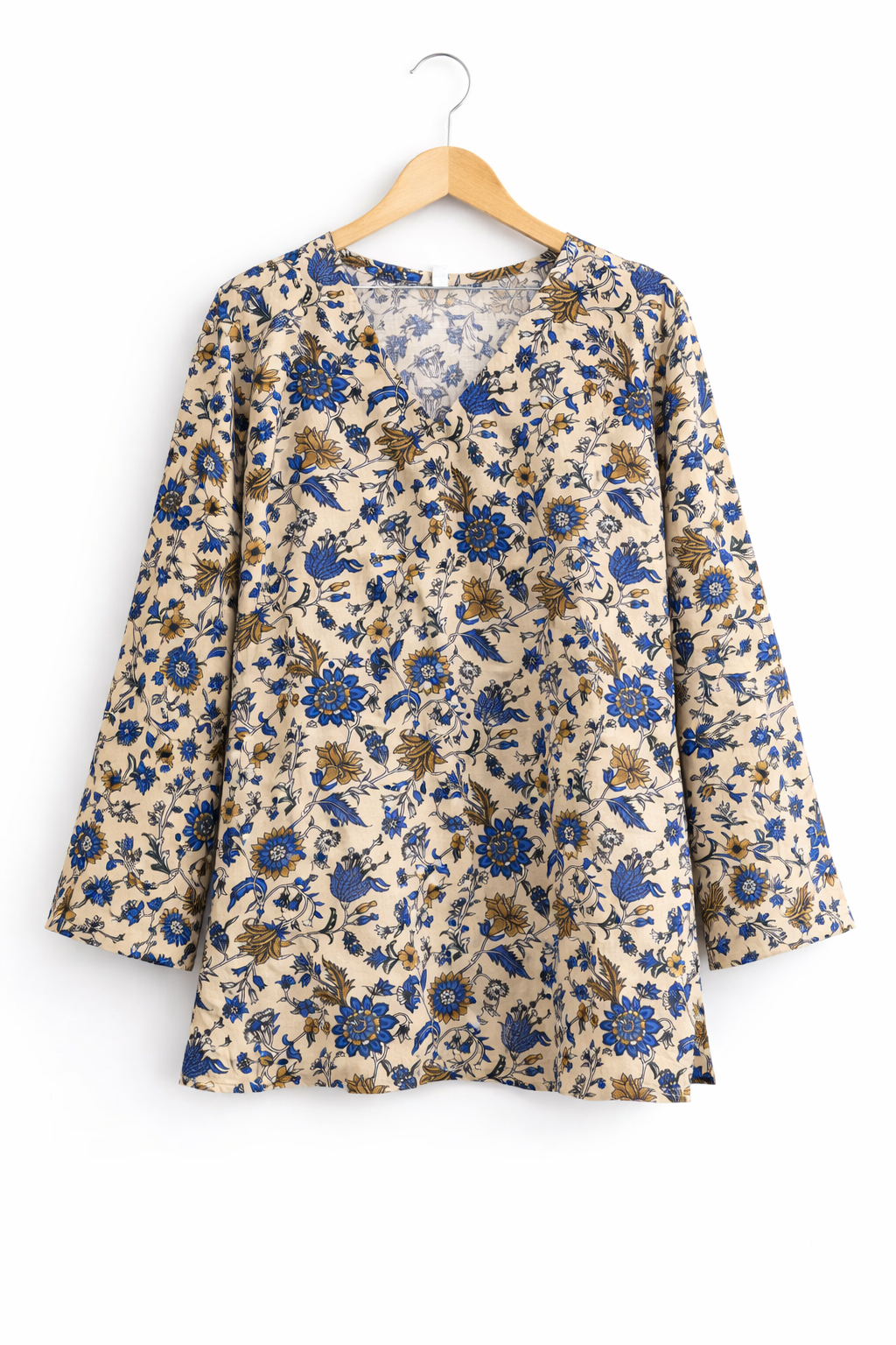 Cream Floral Cotton Short Kurti