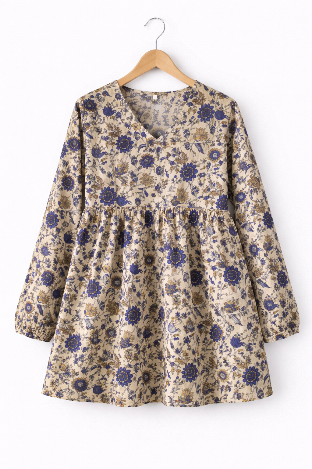 Cream Floral Cotton Short Kurti with Frill