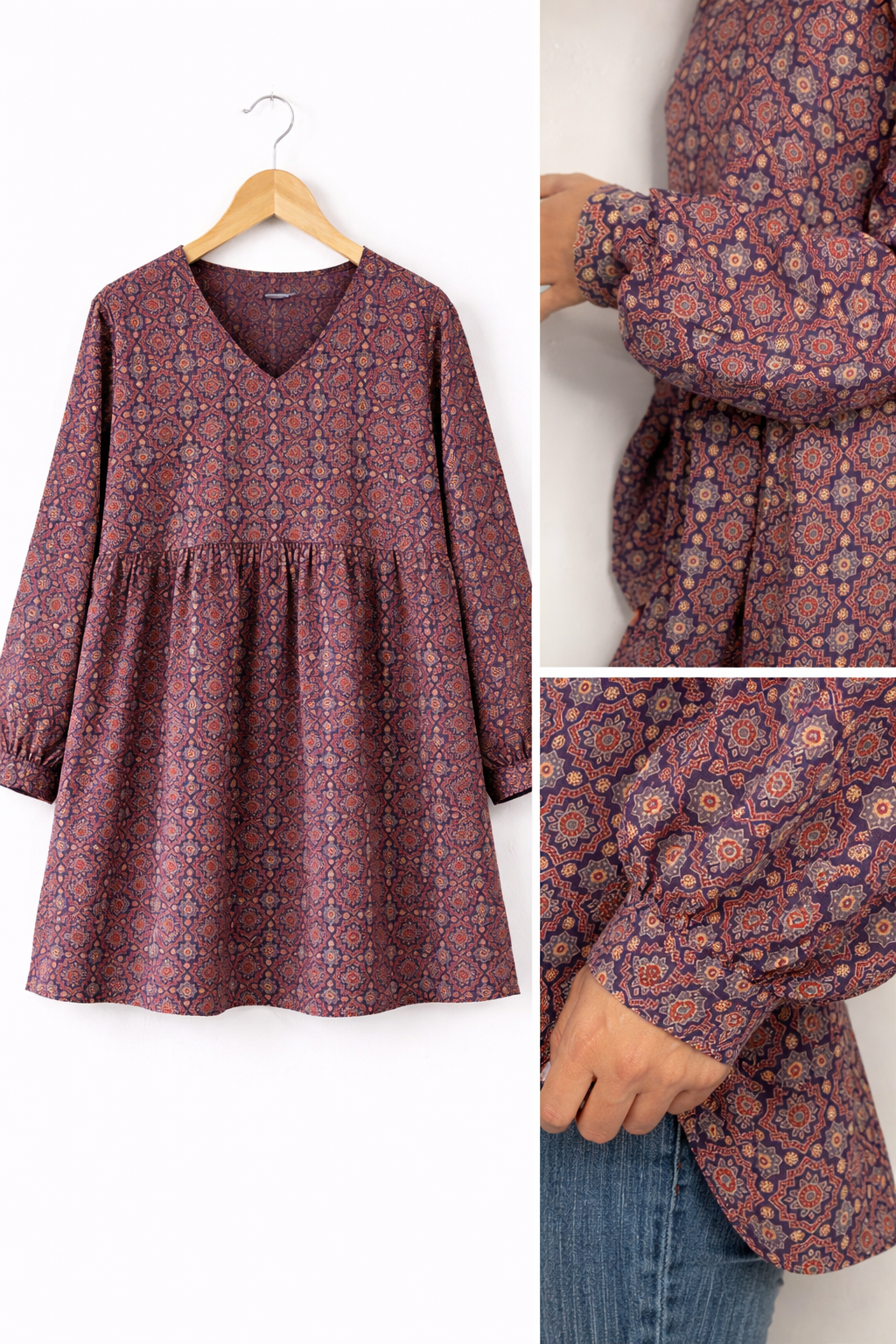 Blue Ajrakh Printed Cotton Short Kurti with Frill