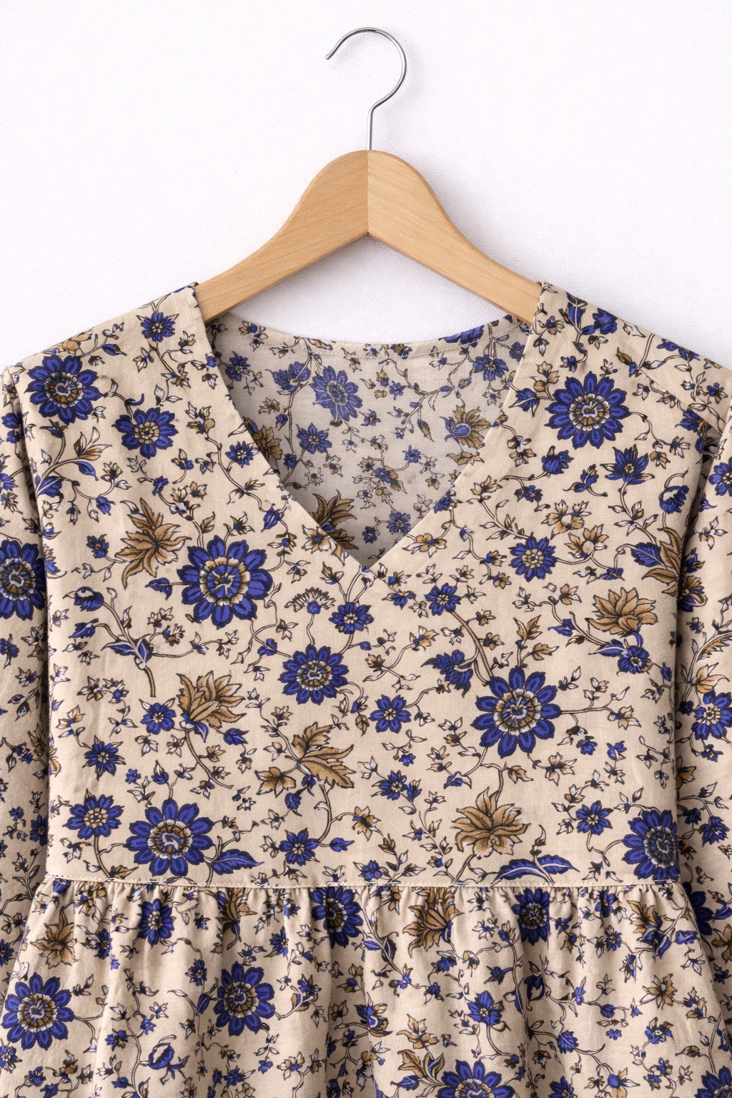 Cream Floral Cotton Short Kurti with Frill