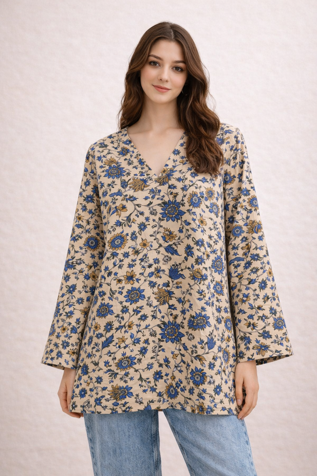 Cream Floral Cotton Short Kurti