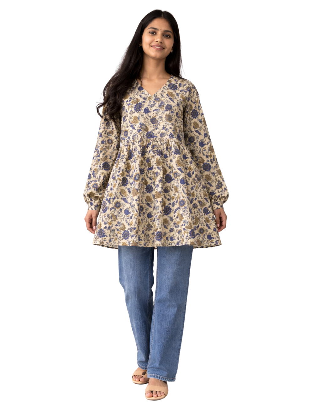 Cream Floral Cotton Short Kurti with Frill