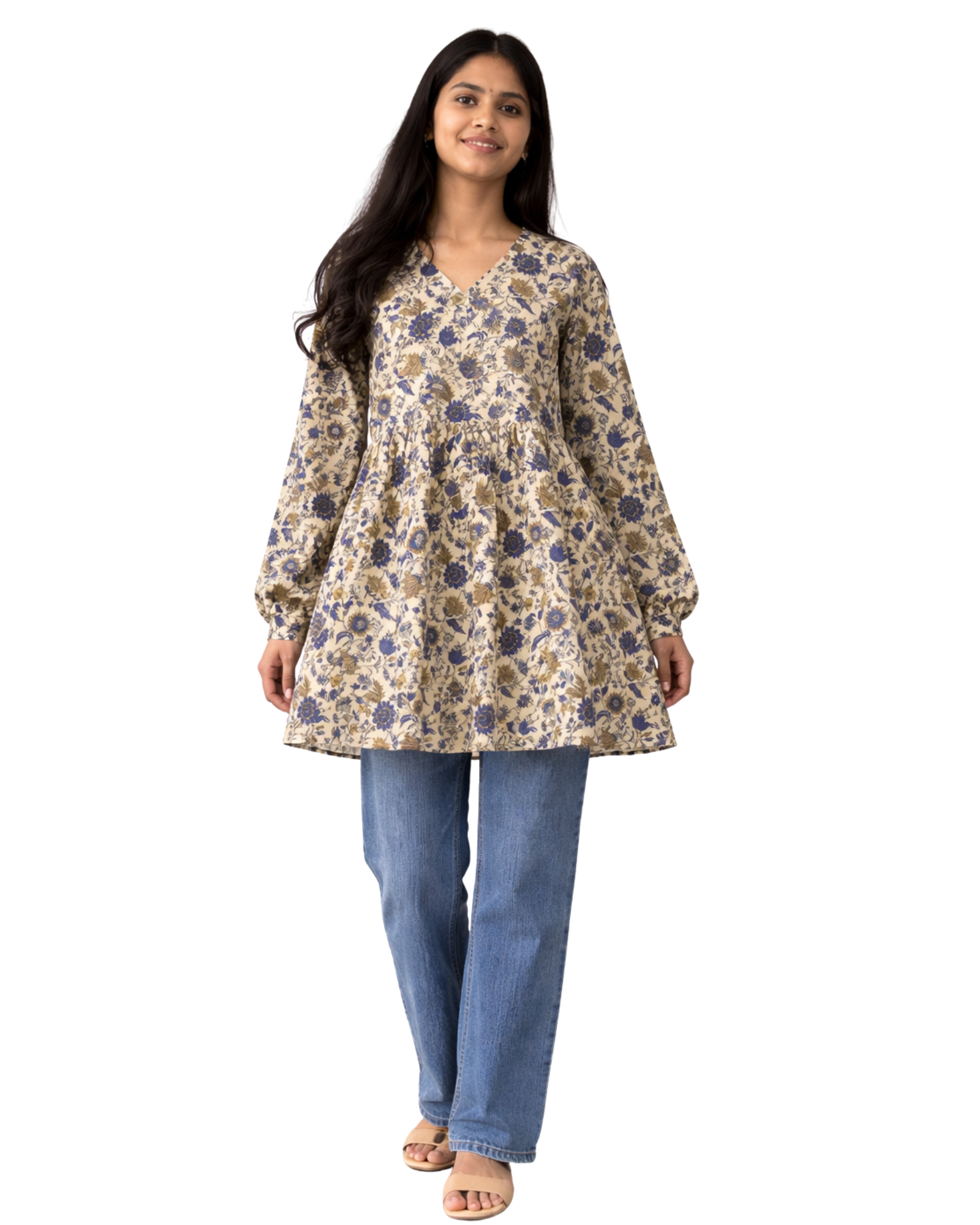 Cream Floral Cotton Short Kurti with Frill