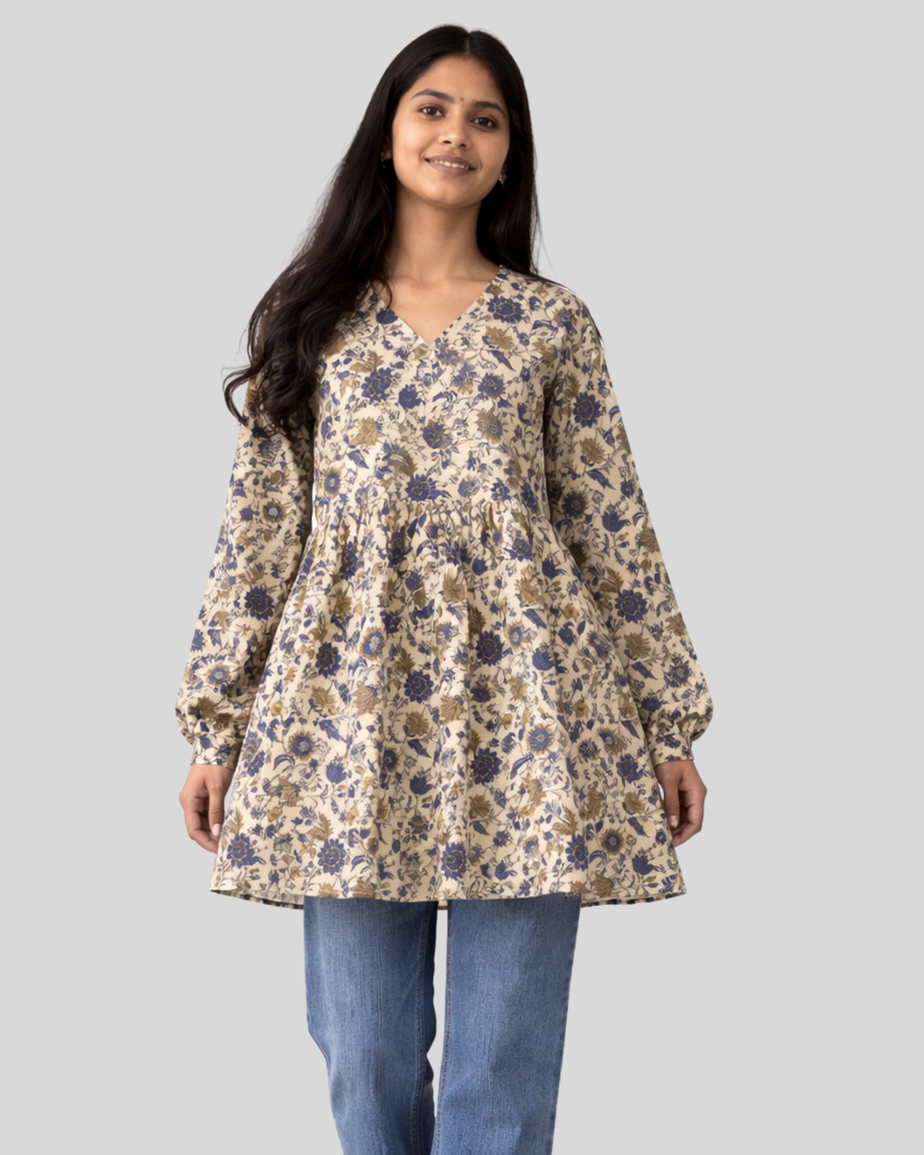Cream Floral Cotton Short Kurti with Frill