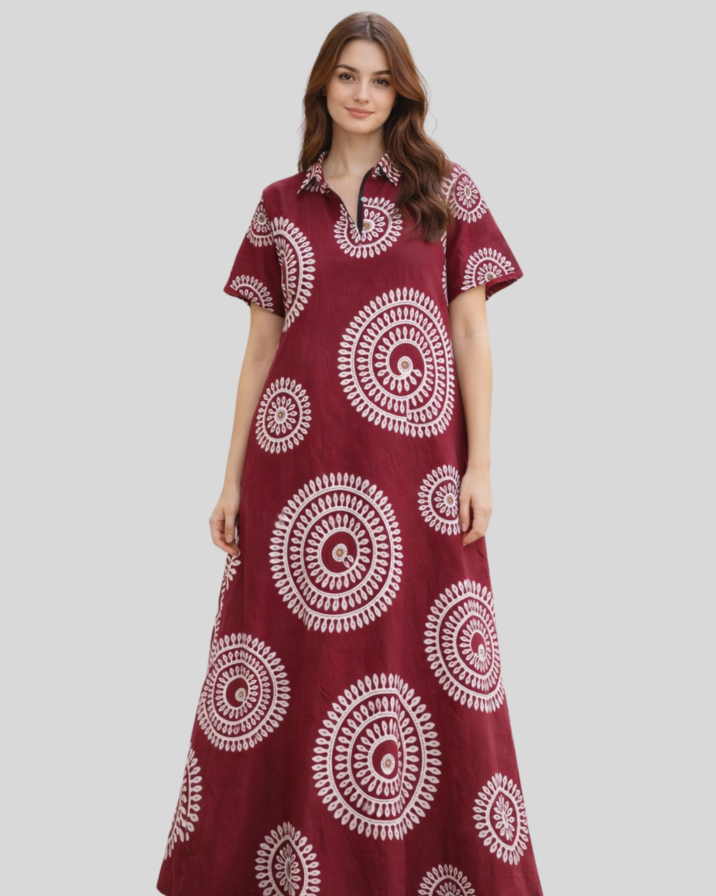 Maroon Printed Cotton Maxi Dress