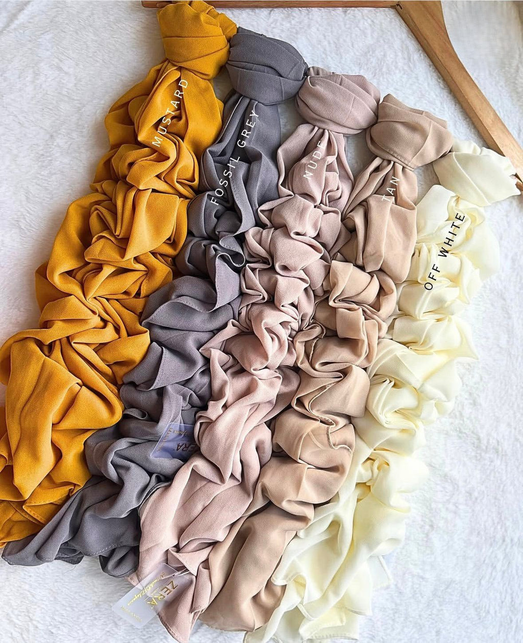 Set of Malaysian heavy chiffon hijabs in mustard, grey, beige and ivory neutral colors
