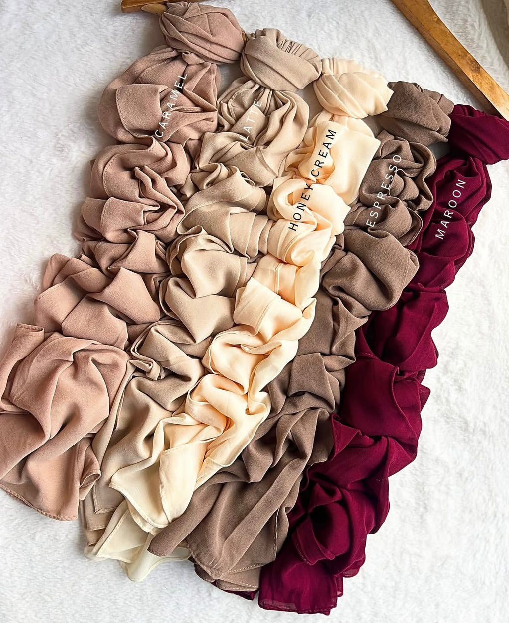 Set of ZERA Malaysian heavy chiffon hijabs in nude, beige, taupe and maroon colors